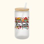 Personalized School Supplies Elements Name Frosted Glass Tumbler with Bamboo Lid and Straw Appreciation Teacher's Day Gift for Teacher