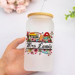 Personalized School Supplies Elements Name Frosted Glass Tumbler with Bamboo Lid and Straw Appreciation Teacher's Day Gift for Teacher