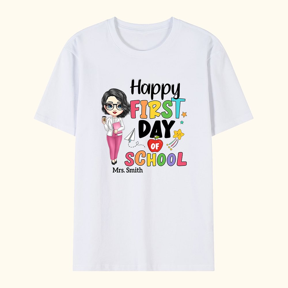 T-shirt Unisexe 100% Coton Personnalisé avec Nom Lettre Colorée Cartoon Cadeau de Remerciement Rentrée Scolaire pour Enseignant