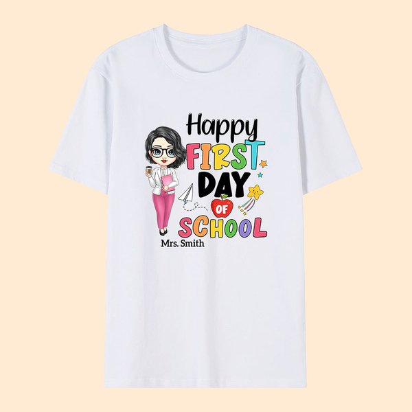 T-shirt Unisexe 100% Coton Personnalisé avec Nom Lettre Colorée Cartoon Cadeau de Remerciement Rentrée Scolaire pour Enseignant