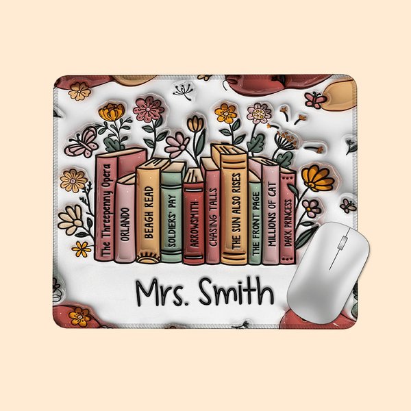 Tapis de Souris Personnalisé avec Titres des Livres et Nom Cadeau de Remerciement Retour à l'École pour Enseignant Amateur de Lecture