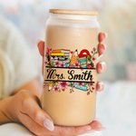 Personalized School Supplies Elements Name Frosted Glass Tumbler with Bamboo Lid and Straw Appreciation Teacher's Day Gift for Teacher
