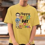 Personalized Happy First Day of School Colourful Letter Cartoon 100% Cotton Unisex T-shirt with Name Back to School Appreciation Gift for Teacher