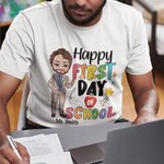 Personalized Happy First Day of School Colourful Letter Cartoon 100% Cotton Unisex T-shirt with Name Back to School Appreciation Gift for Teacher