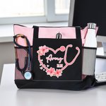 Personalized Birth Flower Heart Stethoscope Large Capacity Zippered Tote Bag with Name and Title Appreciation Gift for Nurse Medical Staff