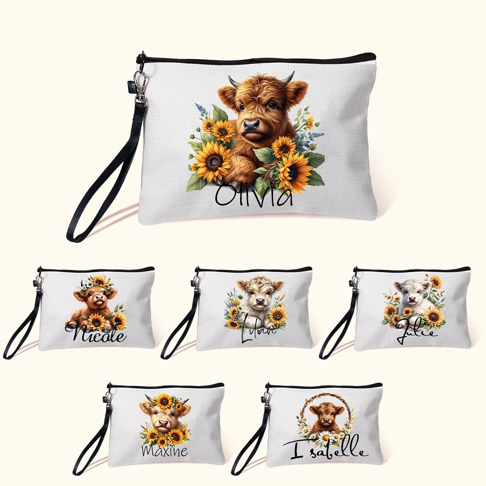 Trousse de Maquillage en Lin Personnalisée avec Nom Style Tournesol et Vache Highland Cadeau d'Anniversaire pour Femme