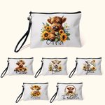 Personalisierte Sonnenblume Hochland Kuh Leinen Handtäschchen Makeup Tasche mit Namen Geburtstag Geschenk für Frauen Hochland Kuh Liebhaber