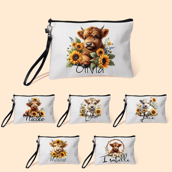 Trousse de Maquillage en Lin Personnalisée avec Nom Style Tournesol et Vache Highland Cadeau d'Anniversaire pour Femme