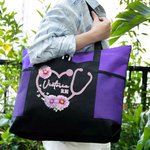 Personalized Birth Flower Heart Stethoscope Large Capacity Zippered Tote Bag with Name and Title Appreciation Gift for Nurse Medical Staff