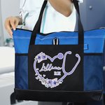 Personalized Birth Flower Heart Stethoscope Large Capacity Zippered Tote Bag with Name and Title Appreciation Gift for Nurse Medical Staff