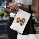 Personalisierte Sonnenblume Hochland Kuh Leinen Handtäschchen Makeup Tasche mit Namen Geburtstag Geschenk für Frauen Hochland Kuh Liebhaber