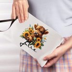 Personalisierte Sonnenblume Hochland Kuh Leinen Handtäschchen Makeup Tasche mit Namen Geburtstag Geschenk für Frauen Hochland Kuh Liebhaber