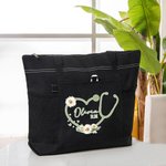 Personalized Birth Flower Heart Stethoscope Large Capacity Zippered Tote Bag with Name and Title Appreciation Gift for Nurse Medical Staff