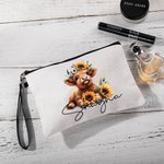 Personalisierte Sonnenblume Hochland Kuh Leinen Handtäschchen Makeup Tasche mit Namen Geburtstag Geschenk für Frauen Hochland Kuh Liebhaber