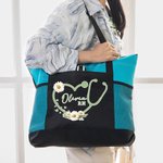 Personalized Birth Flower Heart Stethoscope Large Capacity Zippered Tote Bag with Name and Title Appreciation Gift for Nurse Medical Staff