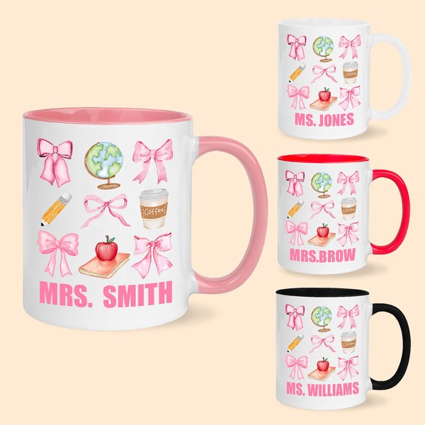 Personalisierte Coquette Bogen Bleistift Apple Globe 11oz Keramikbecher mit Namen zurück zu Schule Wertschätzung Geschenk für Lehrer