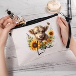 Personalisierte Sonnenblume Hochland Kuh Leinen Handtäschchen Makeup Tasche mit Namen Geburtstag Geschenk für Frauen Hochland Kuh Liebhaber