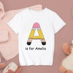 Personalized Cute Pencil Initial 100% Cotton Kid T-shirt with Name Back to School Birthday Gift for Boys Girls