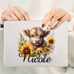 Personalisierte Sonnenblume Hochland Kuh Leinen Handtäschchen Makeup Tasche mit Namen Geburtstag Geschenk für Frauen Hochland Kuh Liebhaber