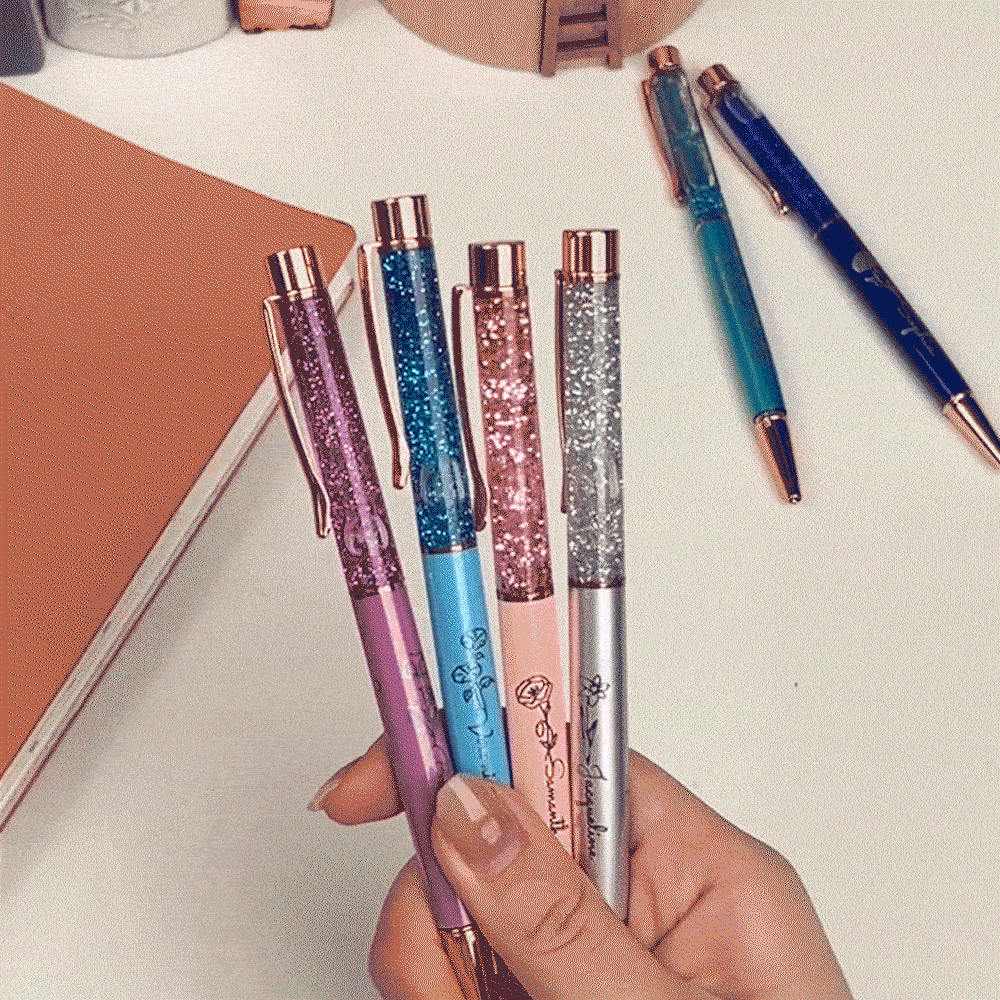 Set di 2 penne a sfera personalizzate con glitter liquido in movimento fiore di nascita e nome