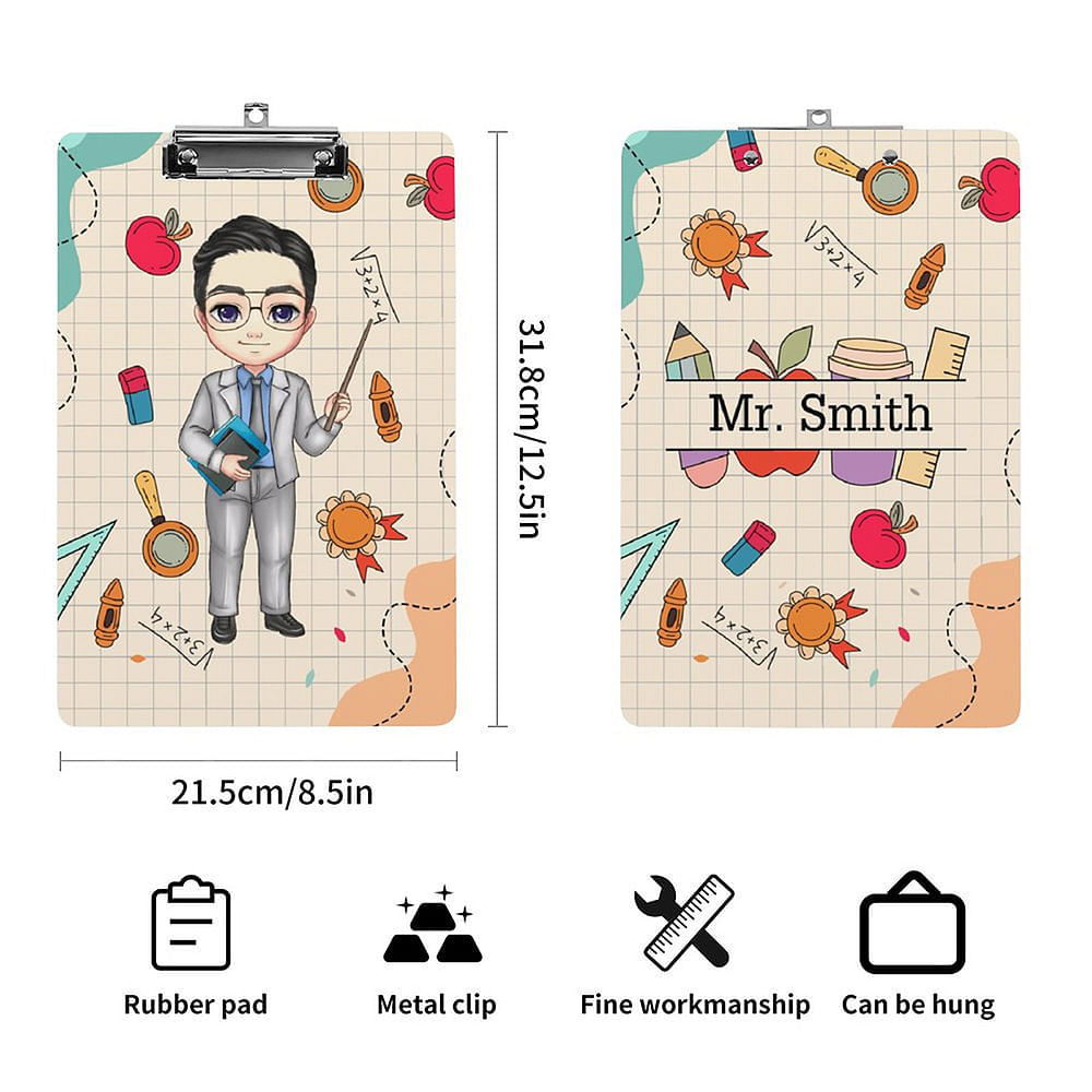 Personalized Cartoon Character Pencil Ruler Apple Design Portable Clipboard with Name Back to School Appreciation Gift for Teacher
