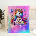 Personalized Rainbow Butterfly Floral Gradient Fantasy Unicorn Warm Soft Blanket with Name Birthday Children's Day Gift for Kids Unicorn Lovers