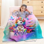 Personalized Rainbow Butterfly Floral Gradient Fantasy Unicorn Warm Soft Blanket with Name Birthday Children's Day Gift for Kids Unicorn Lovers