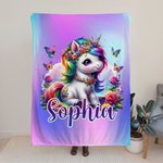 Personalized Rainbow Butterfly Floral Gradient Fantasy Unicorn Warm Soft Blanket with Name Birthday Children's Day Gift for Kids Unicorn Lovers