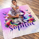 Personalized Rainbow Butterfly Floral Gradient Fantasy Unicorn Warm Soft Blanket with Name Birthday Children's Day Gift for Kids Unicorn Lovers