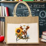 Personalised Sunflower Highland Cow Jute Tote Bag with Name Birthday Gift for Highland Cow Lover