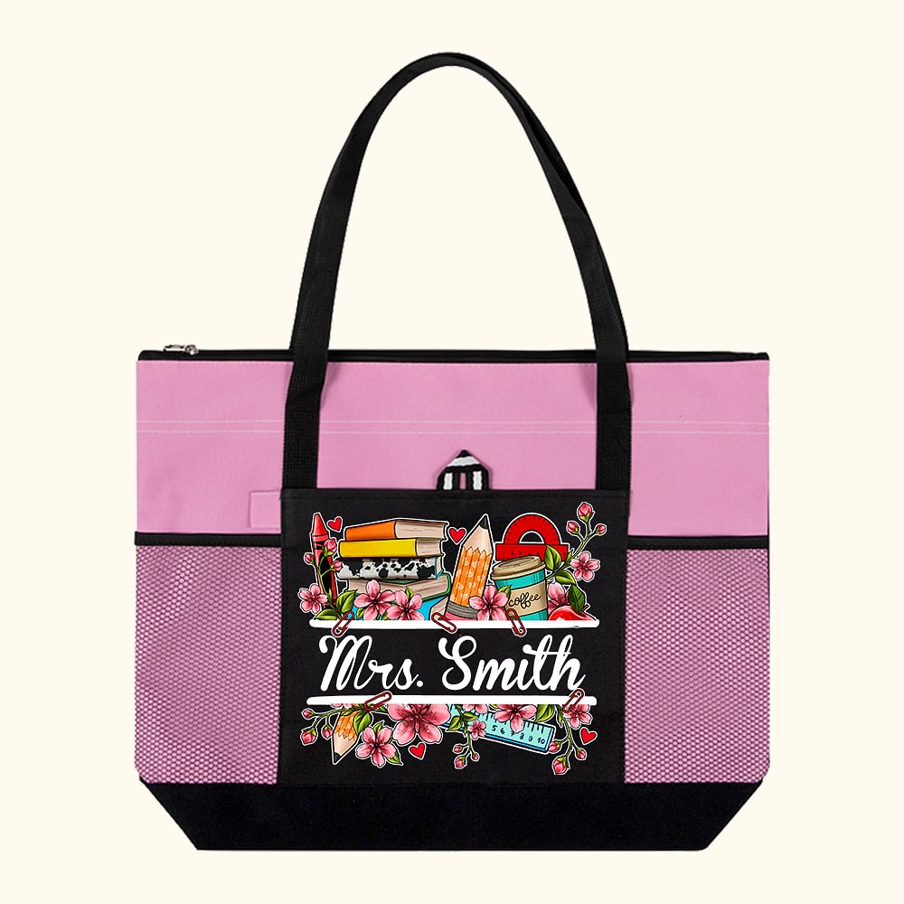 Sac Fourre-Tout Personnalisé avec Nom Style Livres Fleurs Papeterie Sac de Grande Capacité Cadeau de Remerciement Rentrée Scolaire pour Enseignant