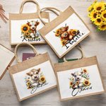Personalised Sunflower Highland Cow Jute Tote Bag with Name Birthday Gift for Highland Cow Lover