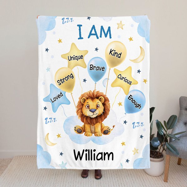Gepersonaliseerde Schattige Leeuw Olifant Dier Zachte Deken met Naam en Positieve Affirmaties Verjaardag Baby Shower Gift voor Pasgeboren Kinderen