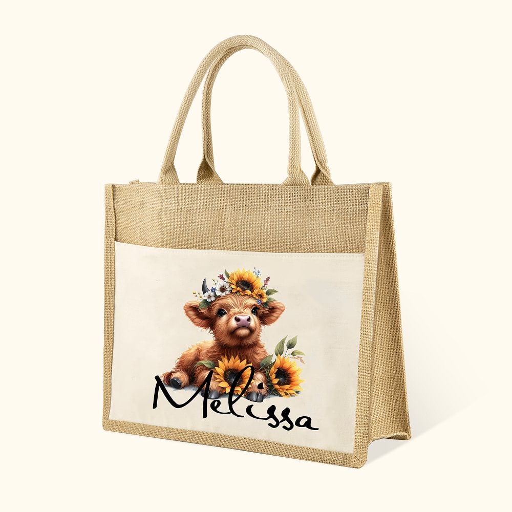 Sac en Toile de Jute Personnalisé avec Nom Motif Vache Highland Cadeau Anniversaire pour Amoureux des Vaches Highland