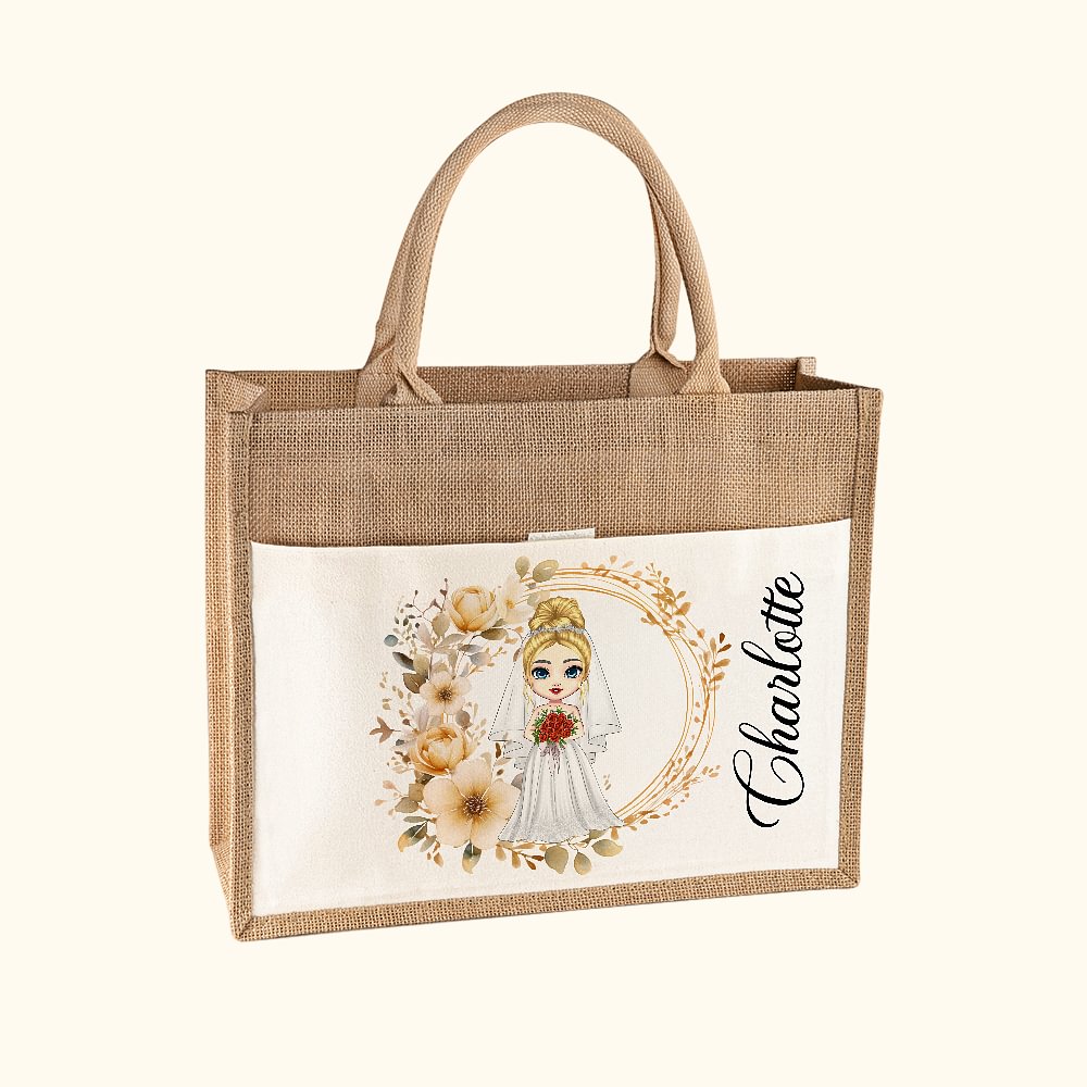 Sac en Jute Personnalisé avec Personnage et Nom Sac avec Poche en Toile Cadeau Enterrement de Vie de Jeune Fille pour Femme