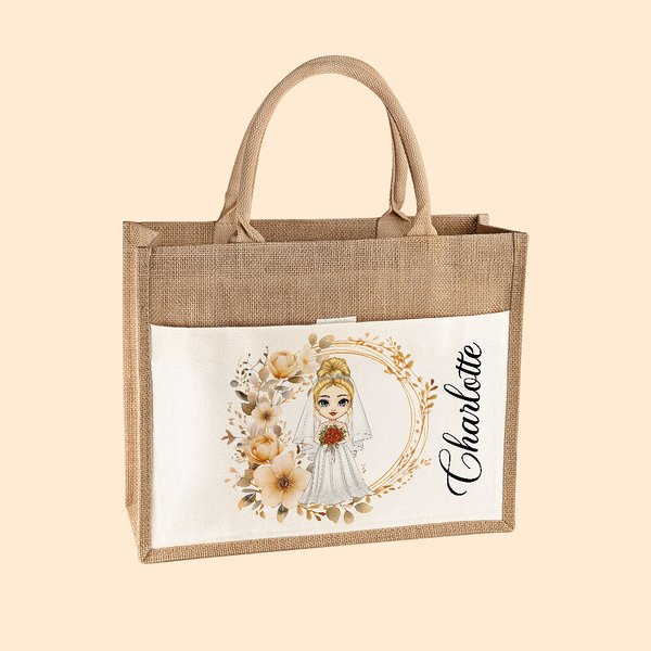Personalized Floral Wreath Cartoon Jute Tote Bag with Name and Canvas Pocket Wedding Bridal Shower Bachelorette Party Gift for Bride Bridesmaid