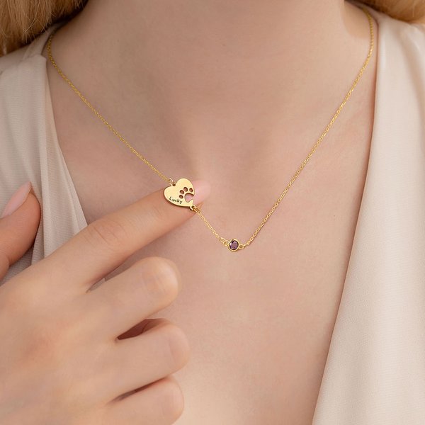 Personalizado Corazón Paw Sideway nombre grabado collar con 1-4 Birthstones Cumpleaños Memorial Gift for Dog Cat Pet Lovers