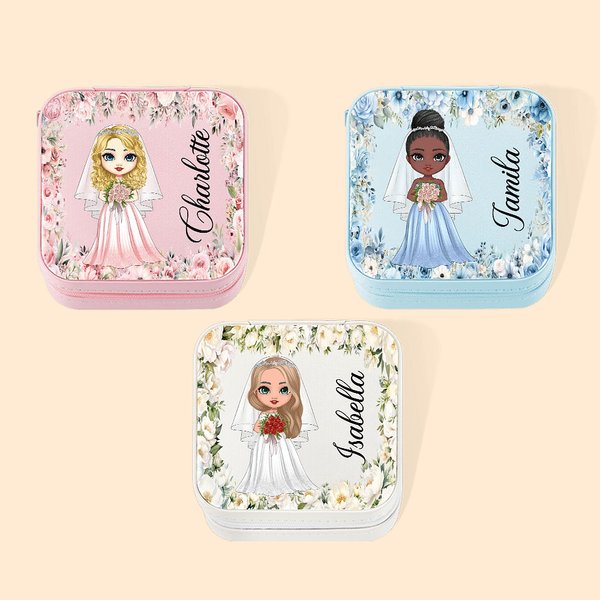 Personalized Floral Cartoon Bride Bridesmaid Leather Jewelry Box with Name Travel Essentials Wedding Bridal Shower Gift for Women