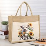 Personalised Sunflower Highland Cow Jute Tote Bag with Name Birthday Gift for Highland Cow Lover