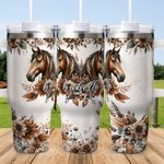 Personalised Boho Style Floral Horse 40oz Insulated Name Tumbler with Handle Lid and Straw Birthday Gift for Horse Lovers