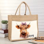 Personalized Cute Highland Cow Design Large Jute Tote Bag with Name and Cotton Pocket for Commute Work Birthday Gift for Highland Cow Lover