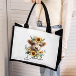 Personalisierte Hochlandkuh Sonnenblume Design große wiederverwendbare Canvas Tragetasche mit Namen Reise Essentials Geburtstagsgeschenk für Kuh-Liebh