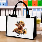Personalisierte Hochlandkuh Sonnenblume Design große wiederverwendbare Canvas Tragetasche mit Namen Reise Essentials Geburtstagsgeschenk für Kuh-Liebh