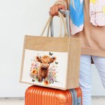 Personalized Cute Highland Cow Design Large Jute Tote Bag with Name and Cotton Pocket for Commute Work Birthday Gift for Highland Cow Lover