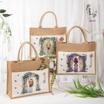 Personalized Floral Arch Birth Flower Cartoon Jute Tote Bag with Name and Canvas Pocket Wedding Bridal Shower Bachelorette Party Gift for Women