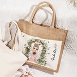 Personalized Floral Arch Birth Flower Cartoon Jute Tote Bag with Name and Canvas Pocket Wedding Bridal Shower Bachelorette Party Gift for Women