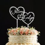 Personalised Mirror Glitter Heart Acrylic Wedding Cake Topper with Name and Date Wedding Anniversary Gift for Bride Groom