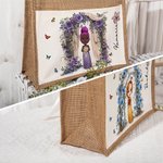 Personalized Floral Arch Birth Flower Cartoon Jute Tote Bag with Name and Canvas Pocket Wedding Bridal Shower Bachelorette Party Gift for Women