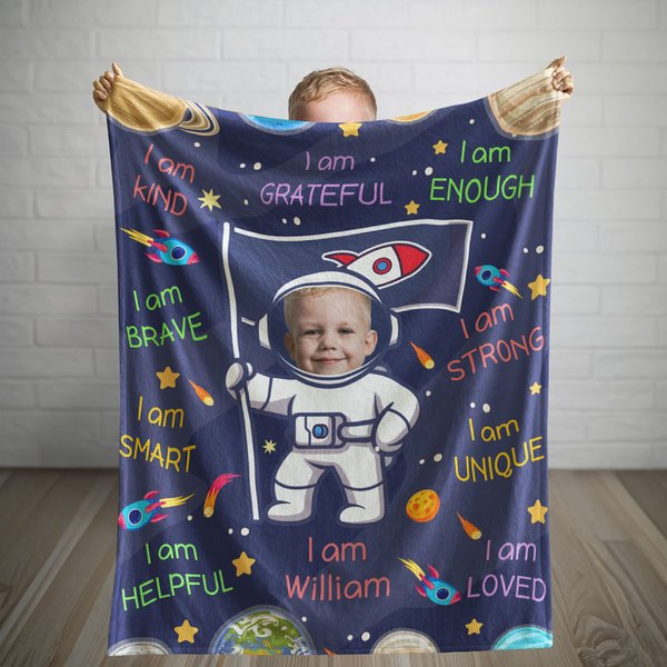 Personalized Cute Astronaut Galaxy Photo Name Throw Blanket with Positive Affirmations Phrase Birthday Baby Shower Back To School Gift for Kids
