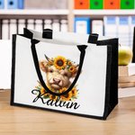 Personalisierte Hochlandkuh Sonnenblume Design große wiederverwendbare Canvas Tragetasche mit Namen Reise Essentials Geburtstagsgeschenk für Kuh-Liebh